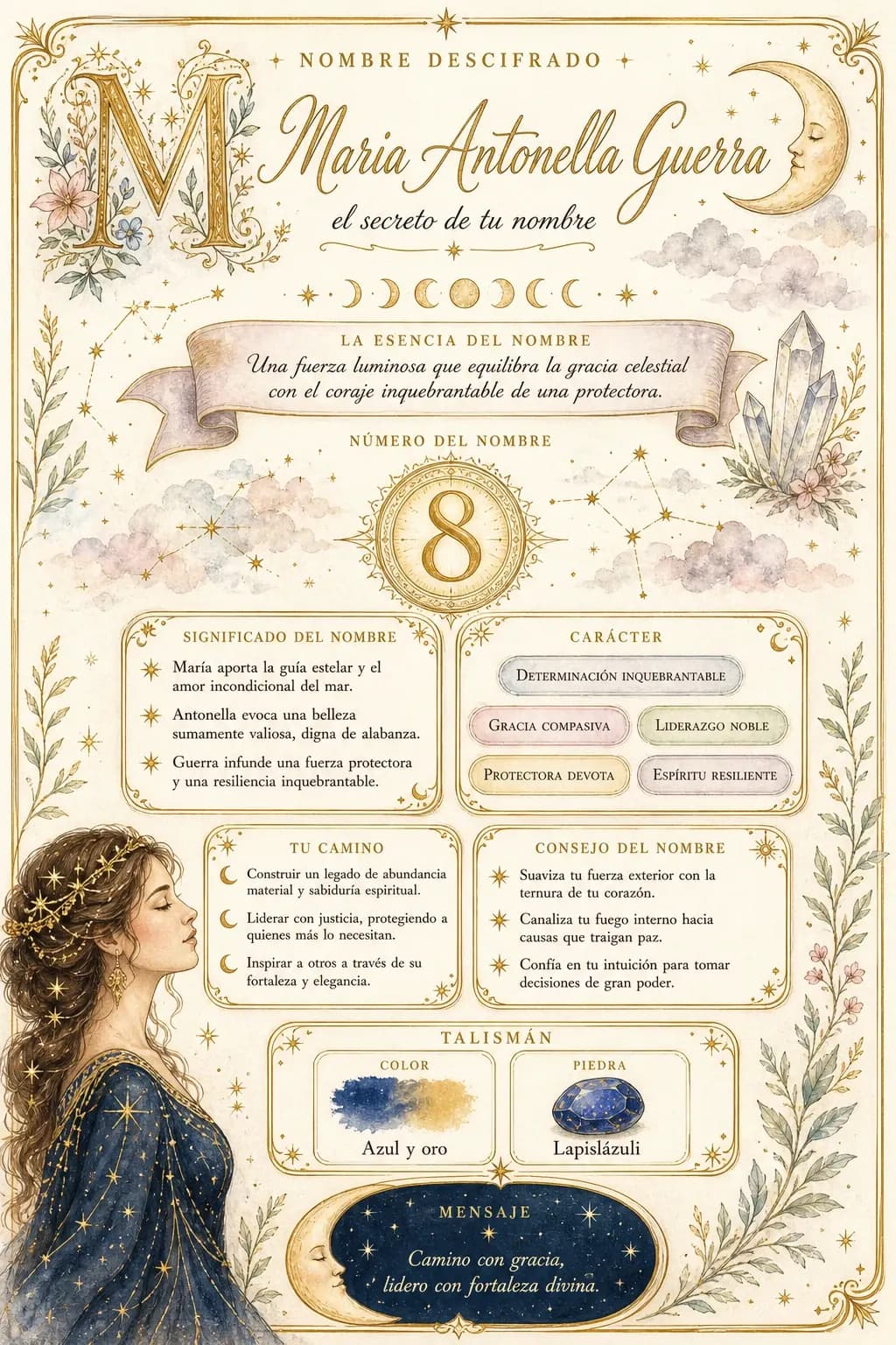 Name reading art poster with sections on character and talents