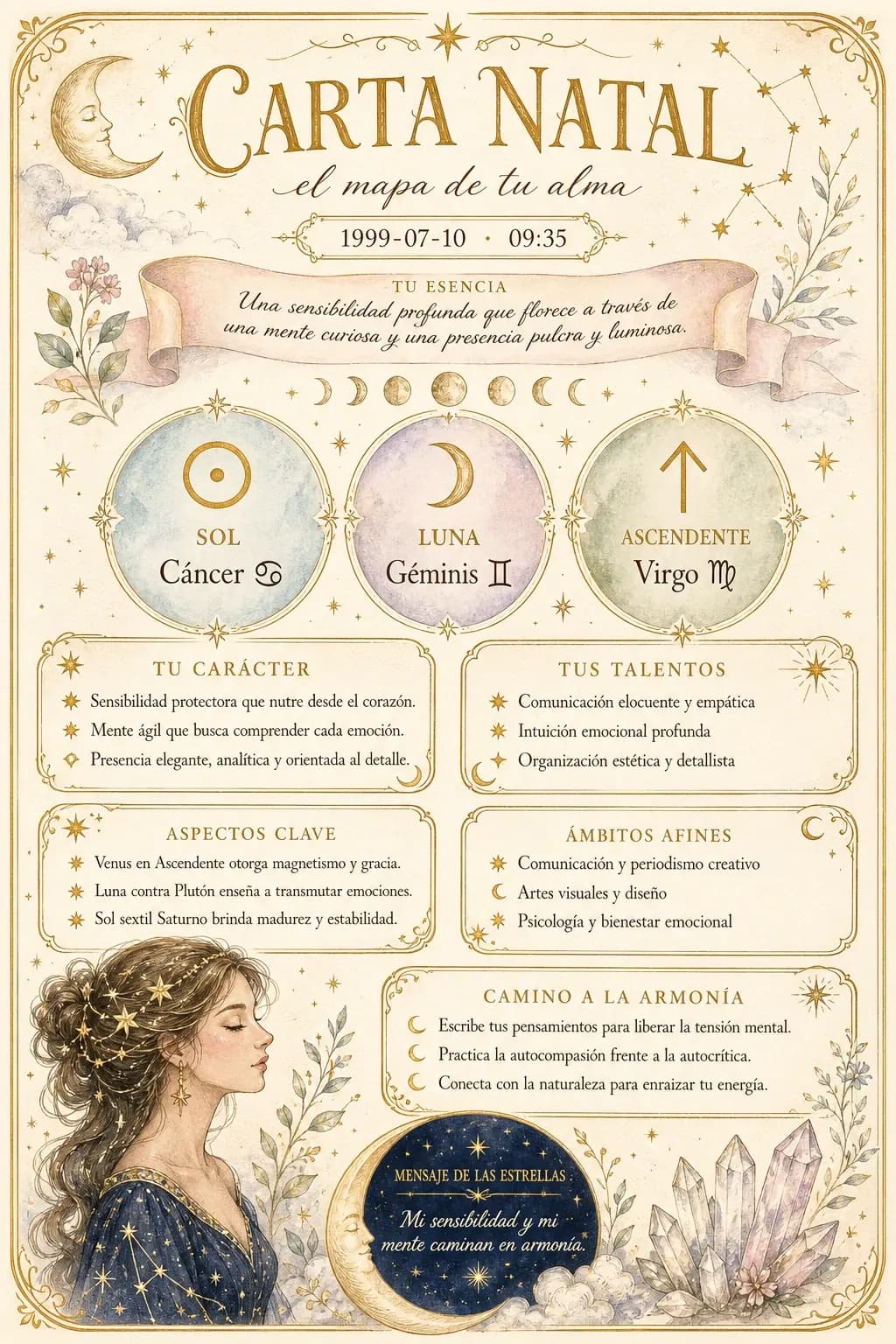 Example of the natal chart art poster a customer downloads to their phone from the QR code