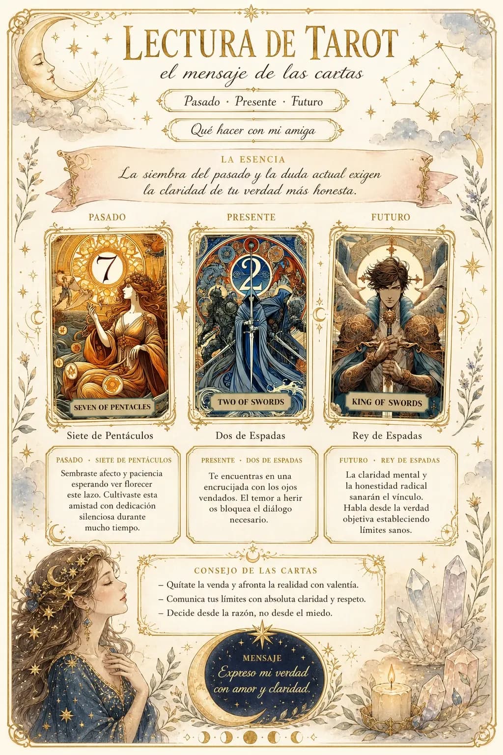 Tarot art poster showing the drawn cards with a reading for each position