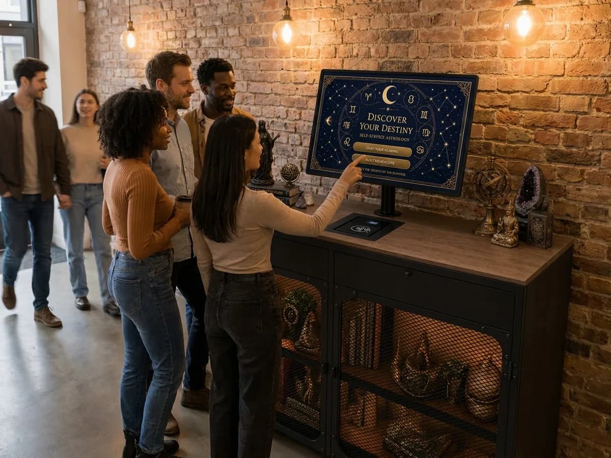 Visualización: un grupo ante el kiosco en un bar iluminado con bombillas cálidas