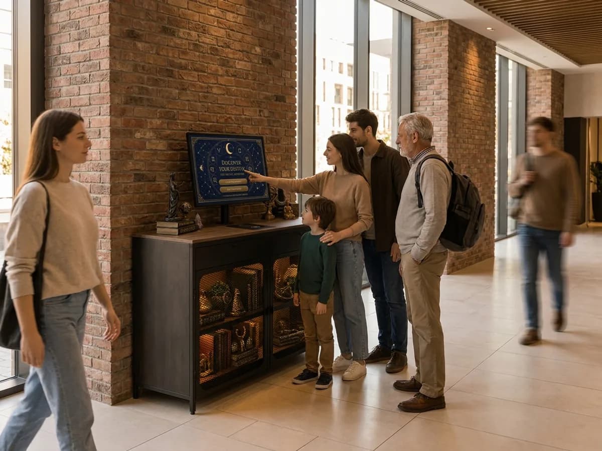 Visualización: una familia ante el kiosco en el atrio de un centro de negocios con ventanales