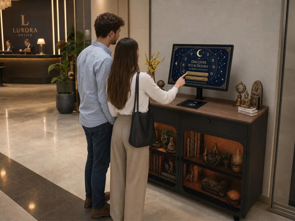 Visualización: una pareja ante el kiosco en el lobby de un hotel, con el mostrador de recepción al fondo