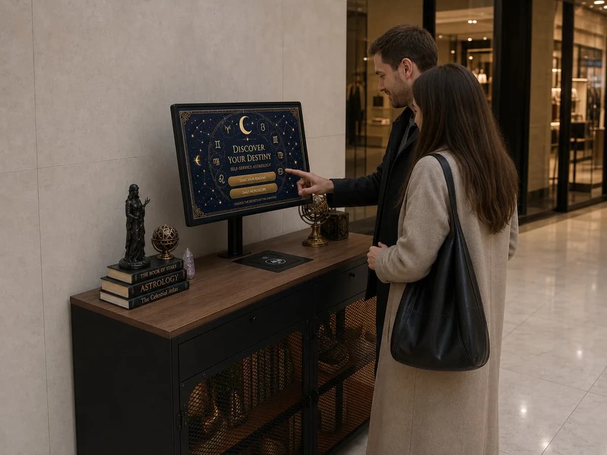 Visualización: una pareja ante el kiosco junto al escaparate de una boutique en un centro comercial